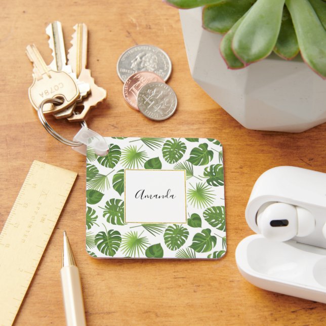 Stylish Green Tropical Leaves Pattern Key Ring (Desk)