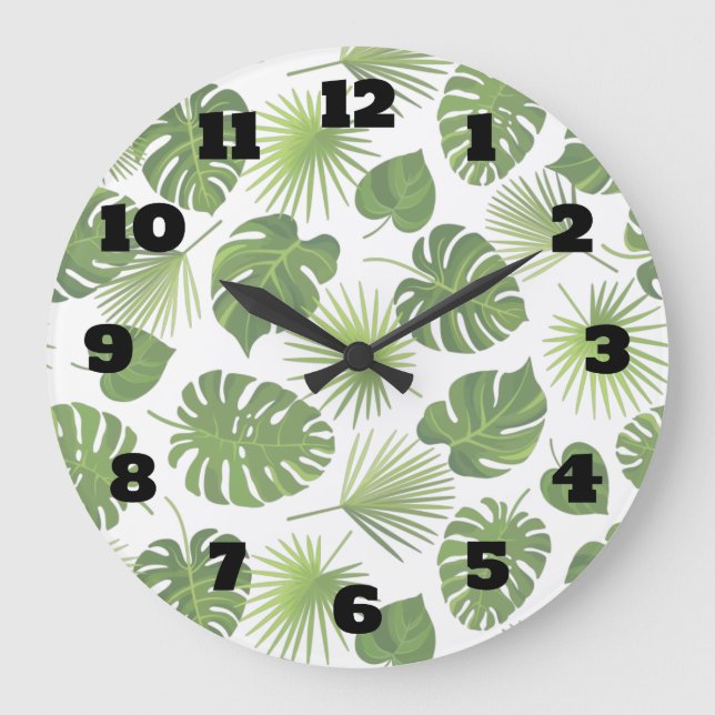 Stylish Green Tropical Leaves Pattern Large Clock (Front)