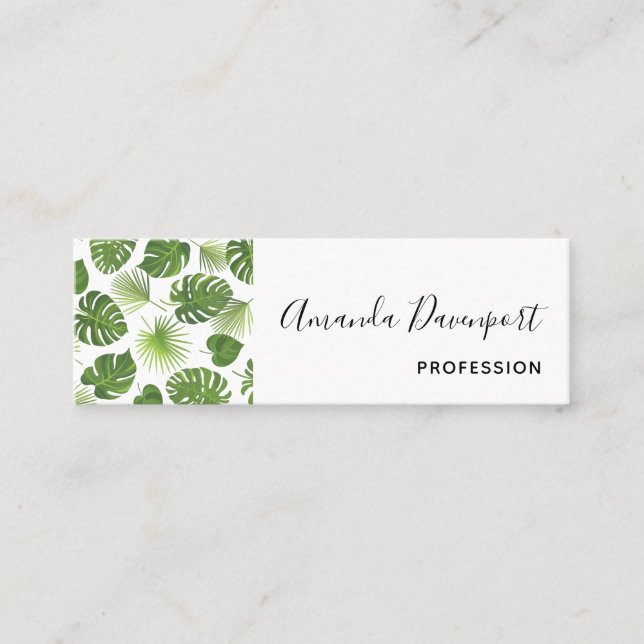 Stylish Green Tropical Leaves Pattern Mini Business Card (Front)