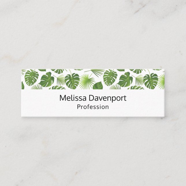 Stylish Green Tropical Leaves Pattern Mini Business Card (Front)