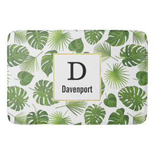 Stylish Green Tropical Leaves Pattern Monogram Bath Mat