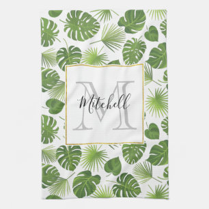 Stylish Green Tropical Leaves Pattern Monogram Tea Towel