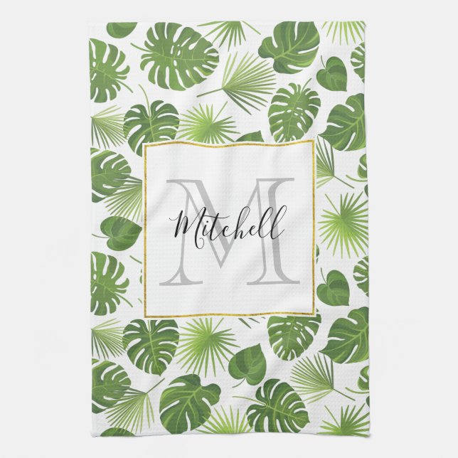 Stylish Green Tropical Leaves Pattern Monogram Tea Towel (Vertical)