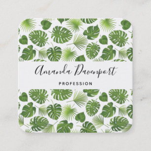 Stylish Green Tropical Leaves Pattern Square Business Card