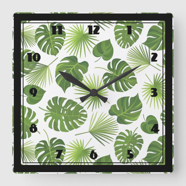 Stylish Green Tropical Leaves Pattern Square Wall Clock (Front)