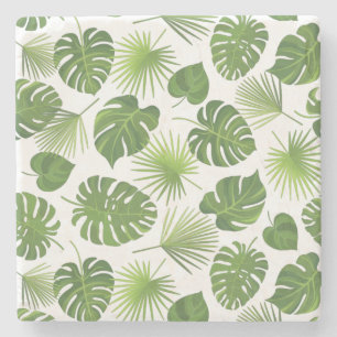 Stylish Green Tropical Leaves Pattern Stone Coaster