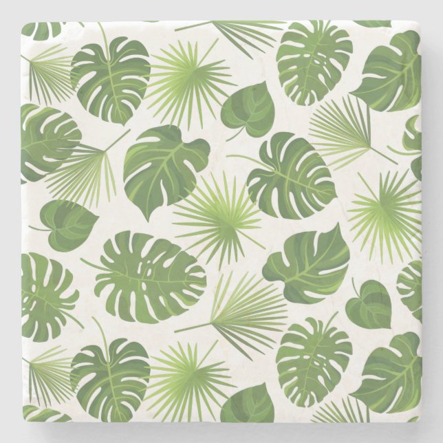 Stylish Green Tropical Leaves Pattern Stone Coaster (Front)