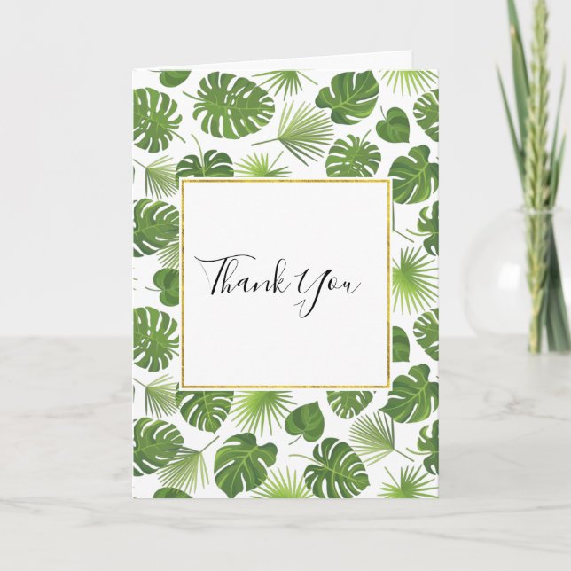 Stylish Green Tropical Leaves Pattern Thank You Card (Front)