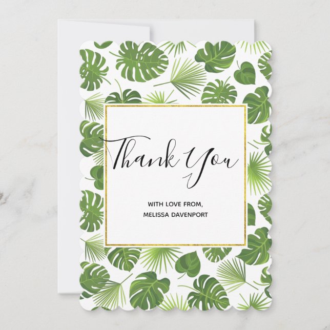 Stylish Green Tropical Leaves Pattern Thank You Card (Front)