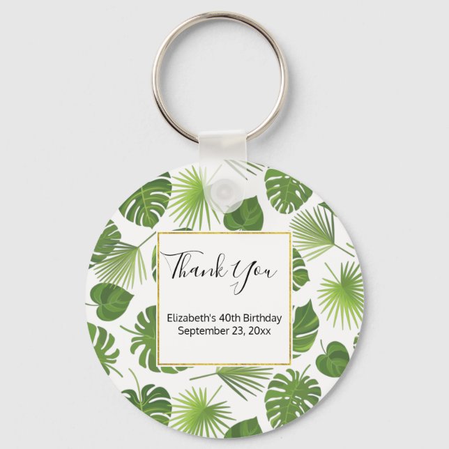 Stylish Green Tropical Leaves Pattern Thank You Key Ring (Front)