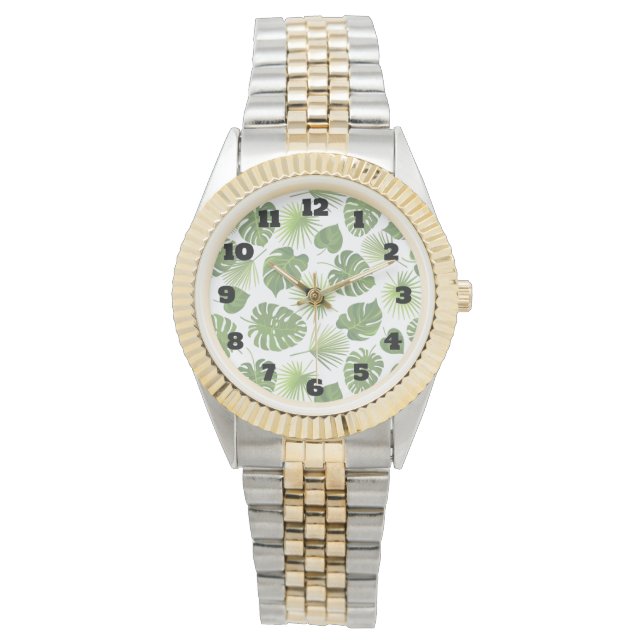 Stylish Green Tropical Leaves Pattern Watch (Front)