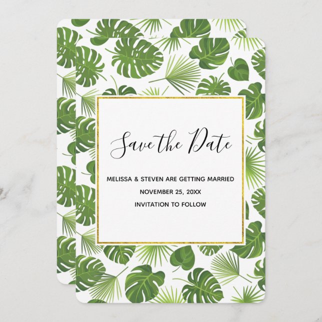 Stylish Green Tropical Leaves Pattern Wedding Save The Date (Front/Back)