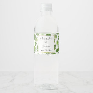 Stylish Green Tropical Leaves Pattern Wedding Water Bottle Label