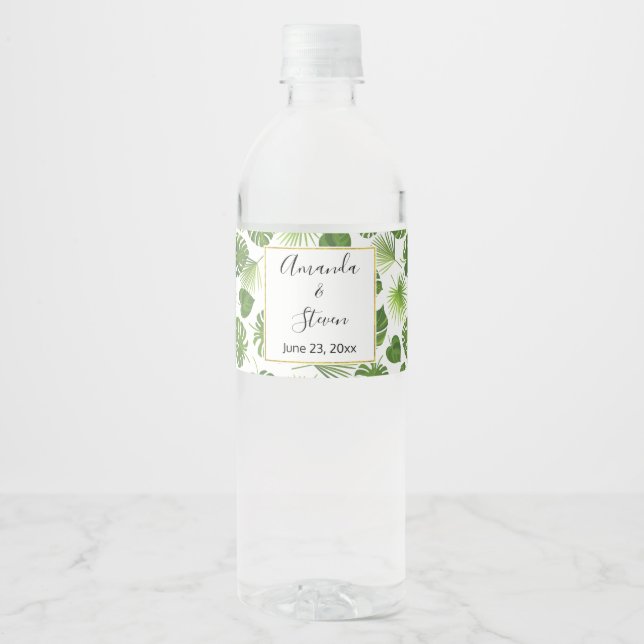 Stylish Green Tropical Leaves Pattern Wedding Water Bottle Label (Front)
