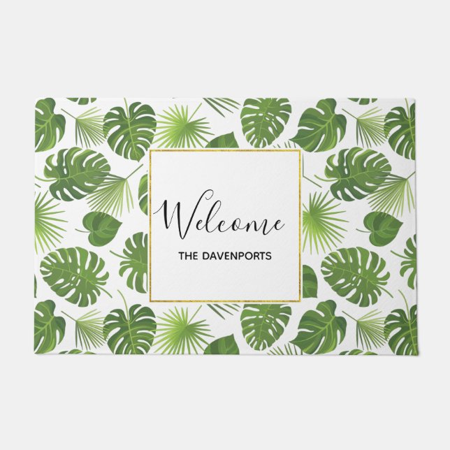 Stylish Green Tropical Leaves Pattern Welcome Doormat (Front)