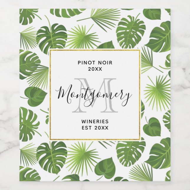 Stylish Green Tropical Leaves Pattern Wine Making Label (Single Label)