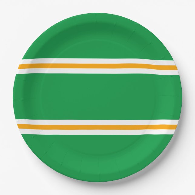 Stylish Green Yellow White Summer Racing Stripes Paper Plate (Front)