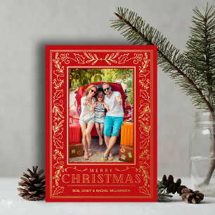 Stylish Greenery Christmas Photo Gold Foil Holiday Card