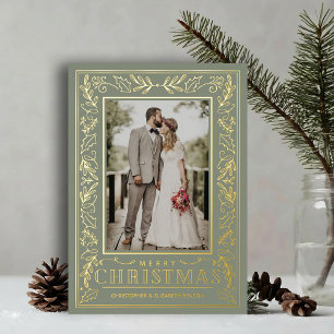 Stylish Greenery Christmas Photo Gold Foil Holiday Card