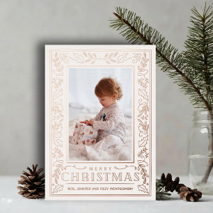 Stylish Greenery Christmas Photo Rose Gold Foil Holiday Card