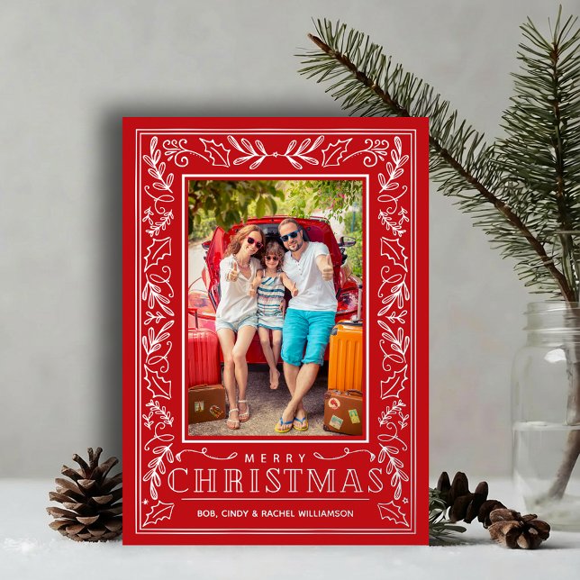 Stylish Greenery Christmas Photo Silver Foil Holiday Card (Stylish REAL SILVER FOIL winter foliage border on red photo Christmas holiday cards)