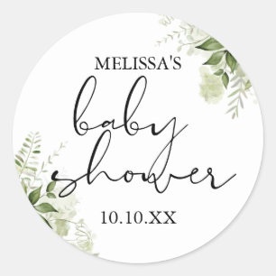Stylish Greenery Floral Baby Shower Favour Classic Round Sticker
