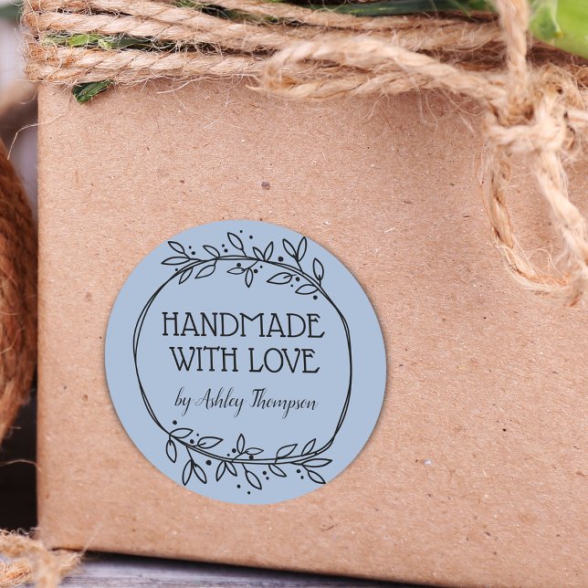 Stylish Greenery Handmade With Love Name Blue Classic Round Sticker (Stylish Greenery Handmade With Love Name Pink Classic Round Sticker)