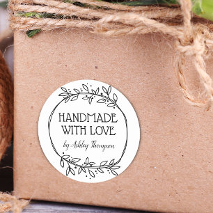 Stylish Greenery Handmade With Love Name Classic Round Sticker