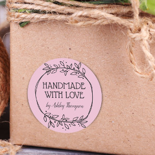 Stylish Greenery Handmade With Love Name Pink Classic Round Sticker