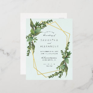 Stylish Greenery Mint & Gold Geometric Wedding Foil Invitation Postcard