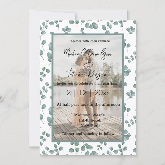 stylish greenery pattern wedding photo invitation (Front)