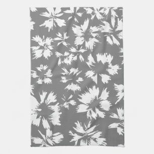 Stylish Grey and White Floral Pattern. Tea Towel