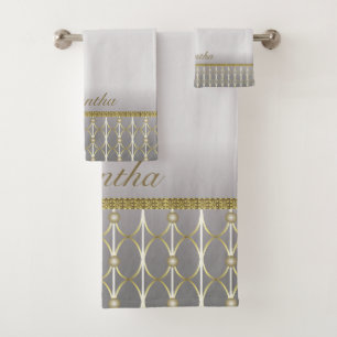 Stylish Grey And White Gold Geometric Pattern Bath Towel Set