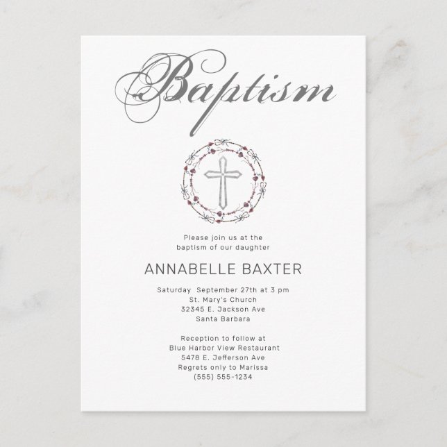 Stylish Grey Baptism Cross Invitation Postcard (Front)