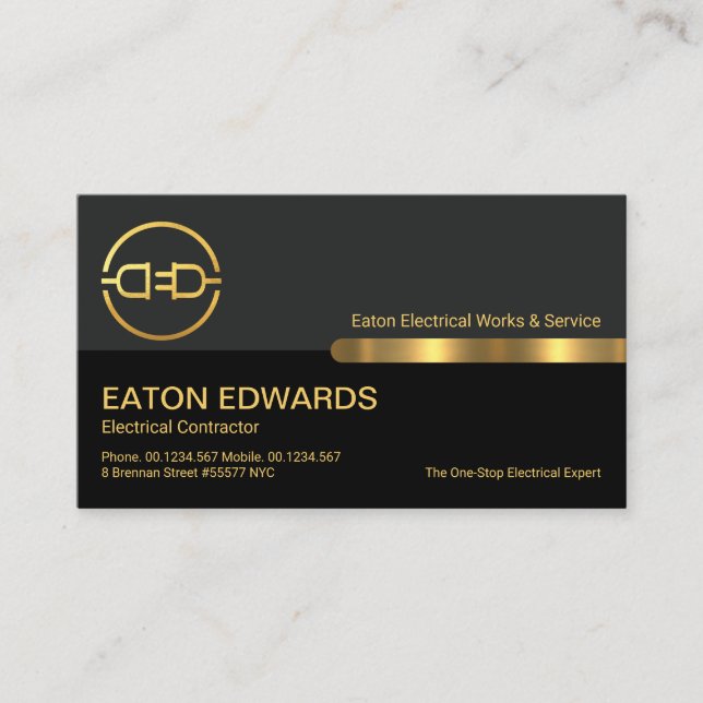 Stylish Grey Black Columns Gold Electric Plug Business Card (Front)