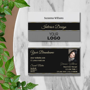 Stylish Grey Borders on Black with Logo and Photo Business Card