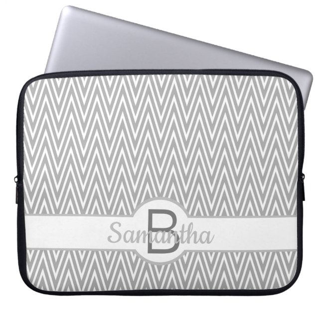 Stylish Grey Chevron Pattern Personalised Laptop Sleeve (Front)