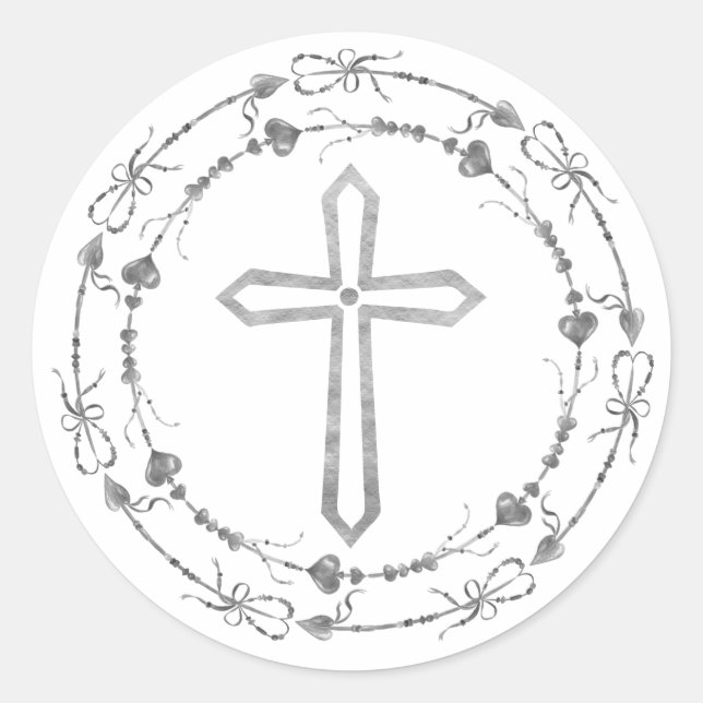 Stylish Grey Cross Boho Wreath Baptism Classic Round Sticker (Front)
