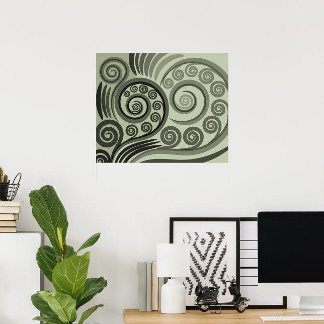 Stylish Grey-Green Abstract Fern Curls Poster (Home Office)
