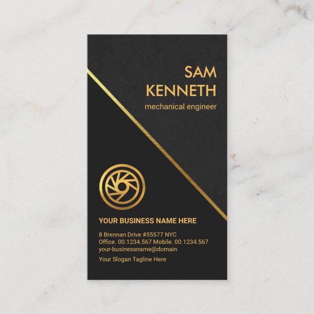 Stylish Grey Grunge Gold Line Mechanical Engineer Business Card (Front)