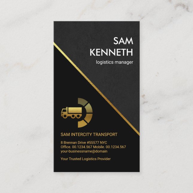 Stylish Grey Grunge Gold Line Truck Logistics Business Card (Front)