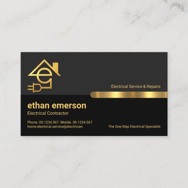 Stylish Grey Layers Gold Tab Letter E Electrician Business Card (Front)
