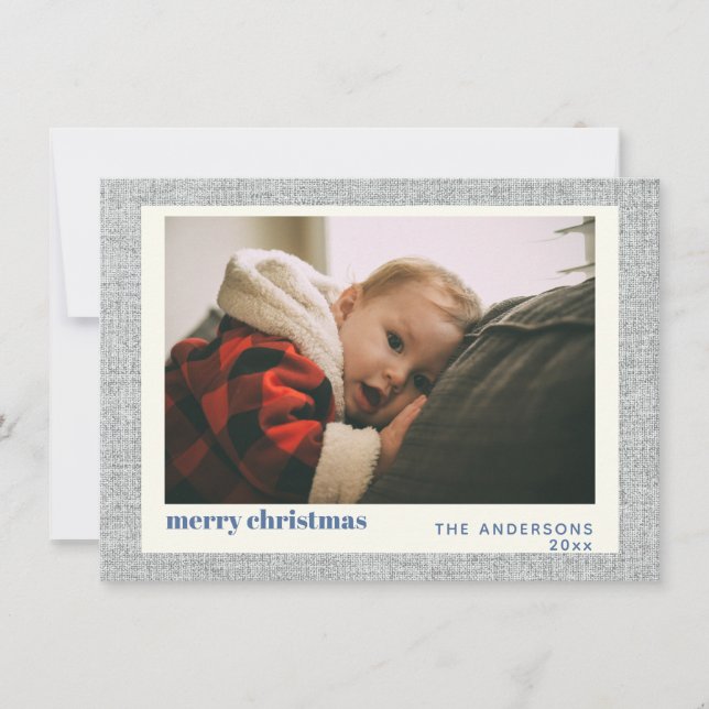 Stylish Grey Linen Simple Holiday Photo Card (Front)