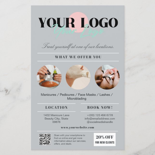 Stylish Grey Logo Services Beauty Salon Marketing Flyer (Front)
