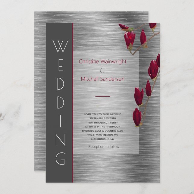 Stylish Grey Metallic Burgundy Floral Wedding Invitation (Front/Back)