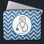 Stylish Grey Nursing Stethoscope on Blue Chevron Laptop Sleeve<br><div class="desc">Laptop sleeve with "Nurse" written in a cool script font with a little red heart underneath. Designed with a simple grey stethoscope illustration. Blue chevron faux glitter pattern. The glitter is an image of glitter it is not real.</div>