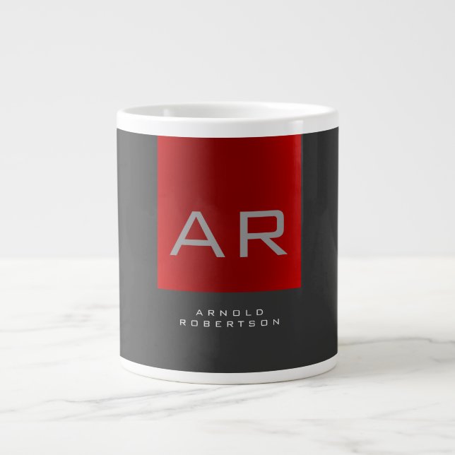 Stylish Grey Red Trendy Monogram Add Name Large Coffee Mug (Front)
