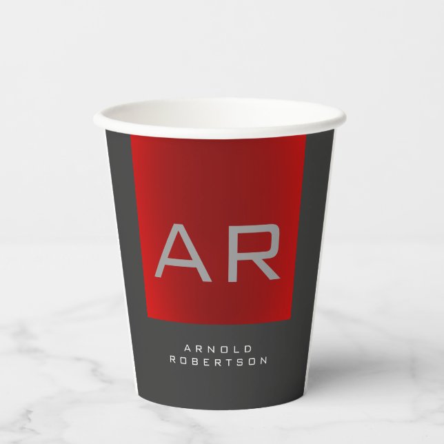 Stylish Grey Red Trendy Monogram Add Name Paper Cups (Front)