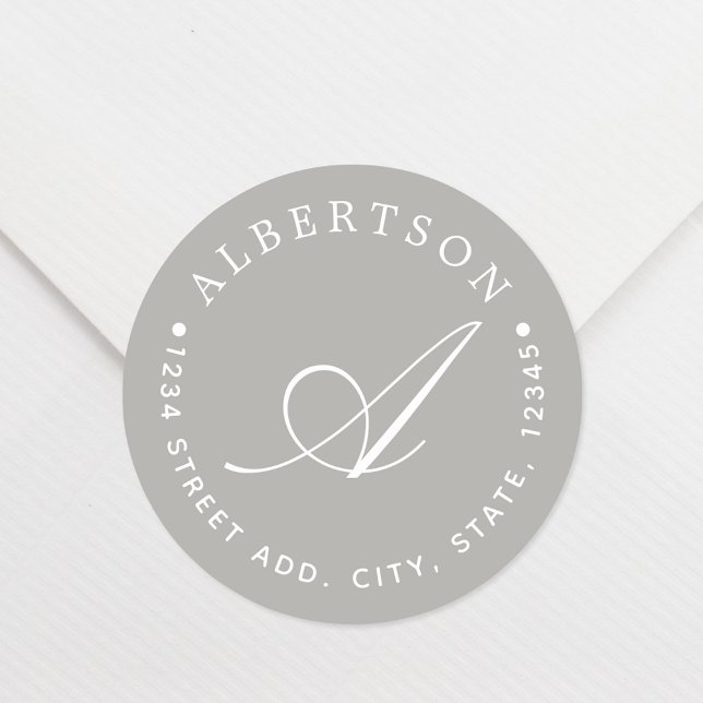 Stylish Grey Script Monogram Family Name Address Classic Round Sticker (Creator Uploaded)