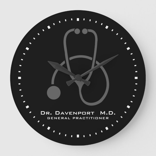 Stylish Grey Stethescope Illustration on Black Large Clock (Front)